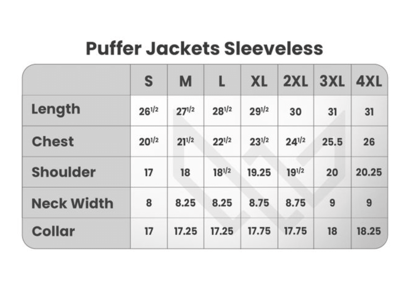 Addaxfit sleeveless jacket sizechart